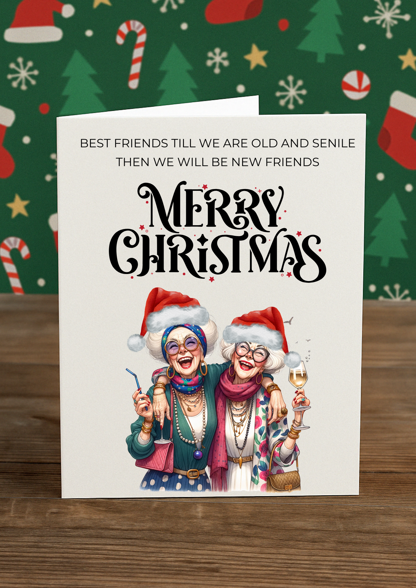 Funny Christmas Card for Best Friends – “Old and Senile” | A5 Greeting Card with Pink Envelope