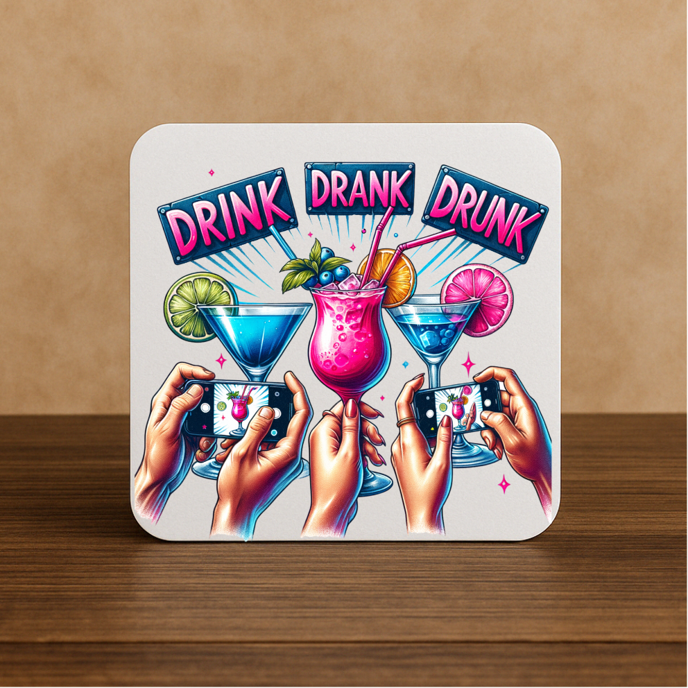 Drink Drank Drunk Coaster – Funny Colourful Cocktail Design