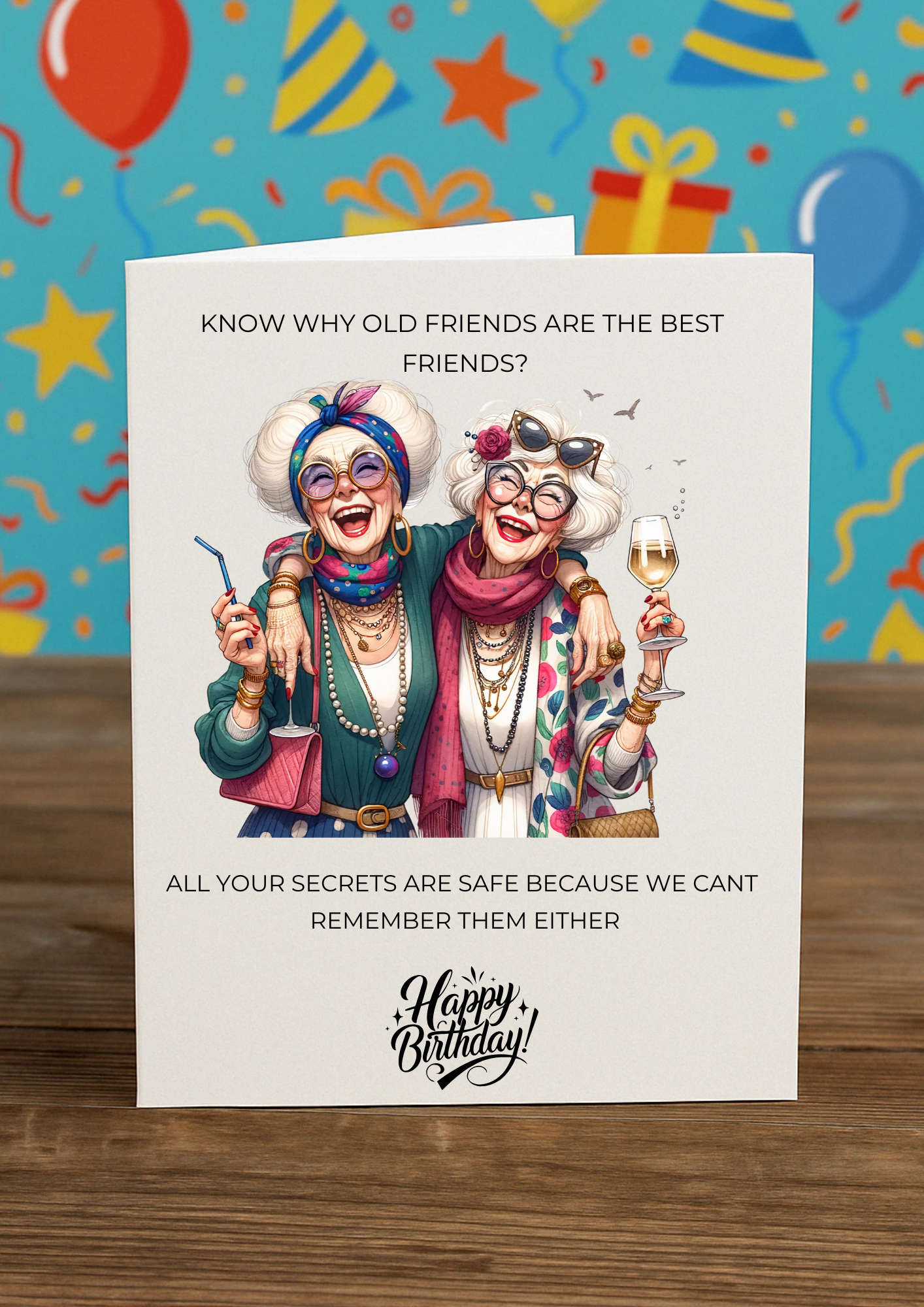 Funny Old Friends Birthday Card – A5 Greeting Card with Pink Envelope | Blank Inside for Your Message