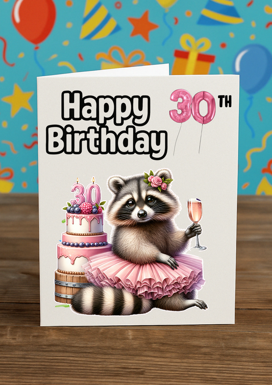 Funny 30th Birthday Card – Cute Raccoon with Cake & Balloons | A5 Greeting Card with Pink Envelope