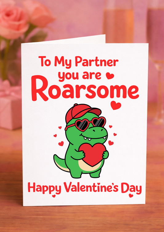 ❤️ Roarsome Valentine’s Day Card – Cute Dinosaur Partner Card
