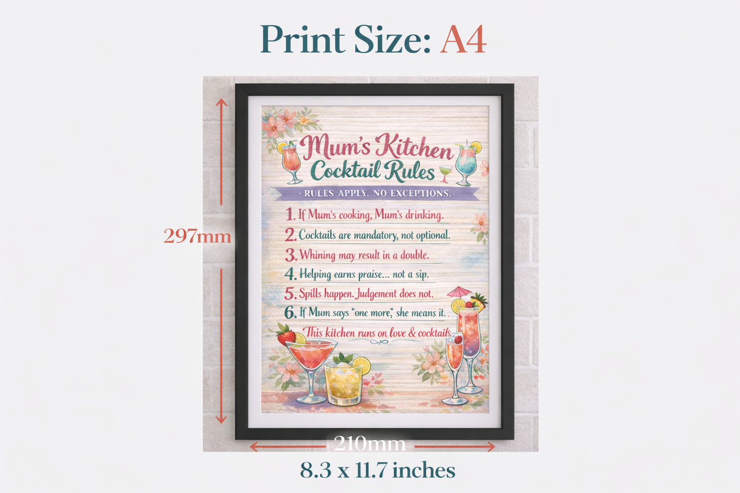 Mum’s Kitchen Rules – A4 Print (Framed or Unframed)