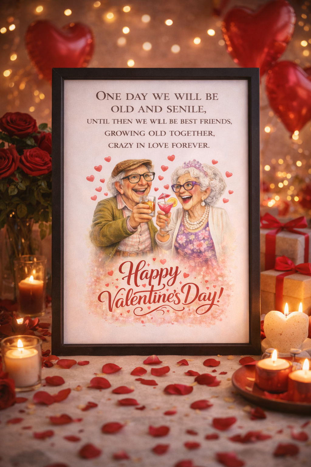 Funny Valentine’s Day A4 Black Framed Print – Old & Senile Best Friends, Growing Old Together Wall Art