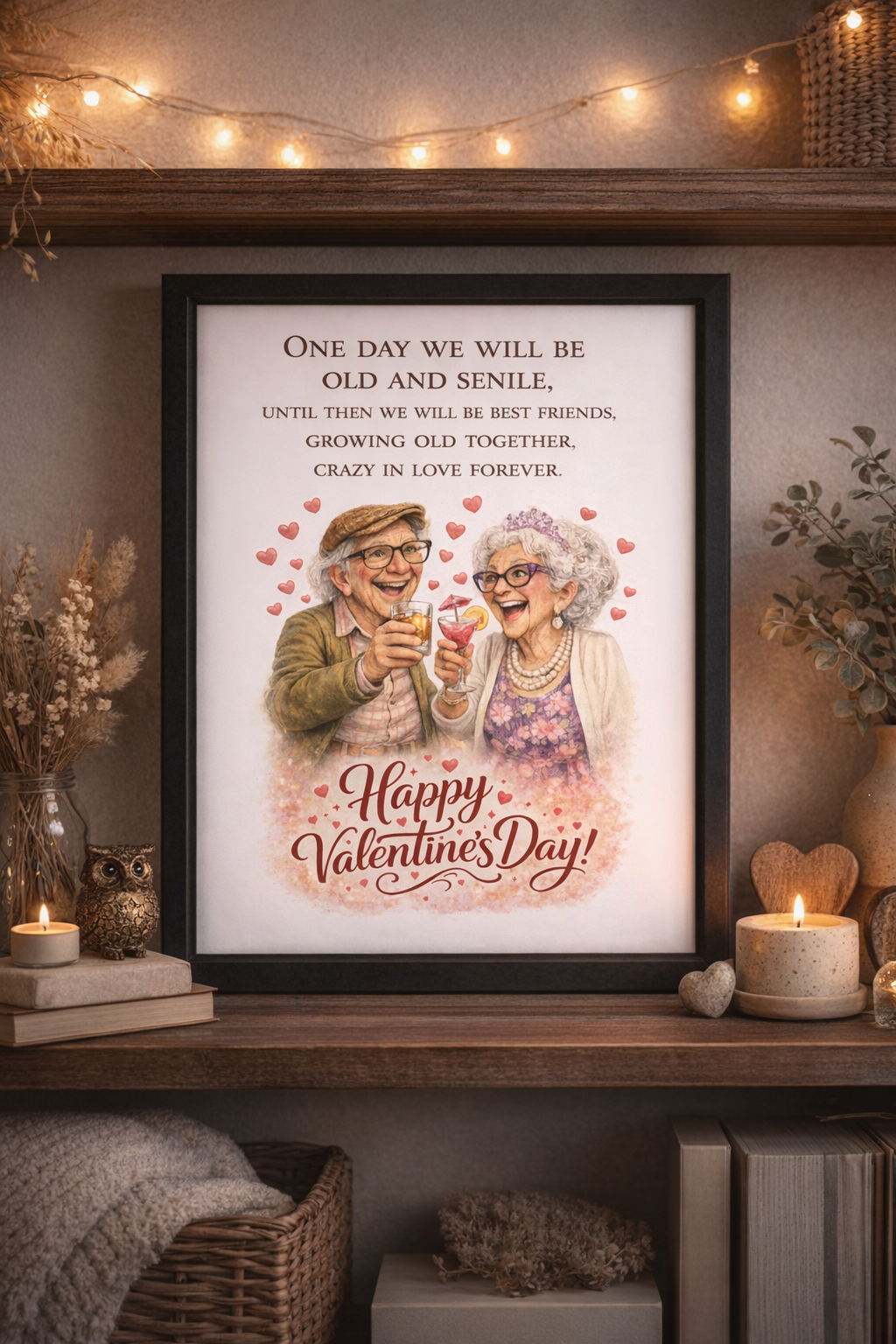 Funny Valentine’s Day A4 Black Framed Print – Old & Senile Best Friends, Growing Old Together Wall Art