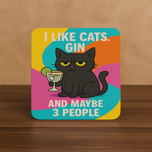 I Like Cats, Gin, and Maybe 3 People Coaster – Funny Gift for Cat Lovers