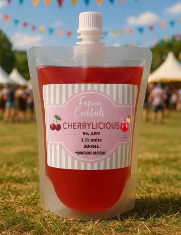 Fusion Cocktails Cherrylicious cocktail pouch on grass with people and tents in the background