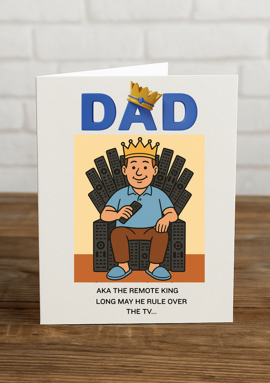 Funny Dad Birthday, Fathers Day Card – “Remote King” | A5 Greeting Card with Blue Envelope