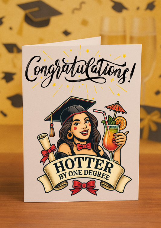 Funny Graduation Card – “Hotter by One Degree” | A5 Greeting Card with Pink Envelope