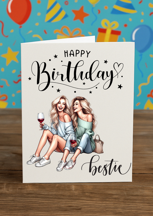 Happy Birthday Bestie Card – Glam Girls Design with Pink Envelope