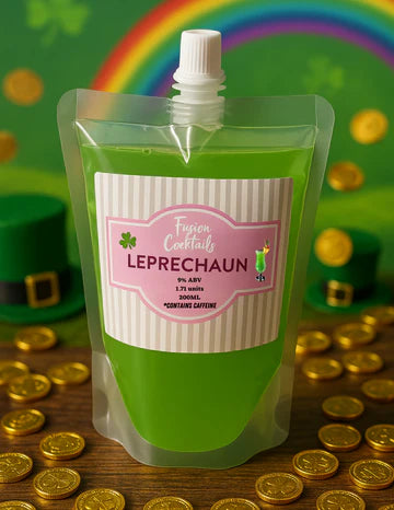 Green cocktail pouch labeled 'Leprechaun' with a rainbow and gold coins in the background
