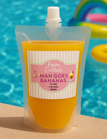 Fusion Cocktails 'Man Goes Bananas' cocktail pouch by a pool