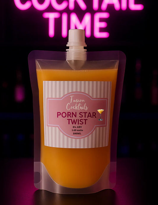 Fusion Cocktails Porn Star Twist cocktail pouch with neon 'Cocktail Time' sign in the background