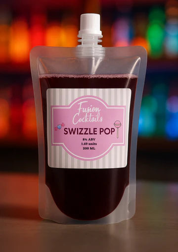 Fusion Cocktails Swizzle Pop packaging with a colorful blurred background