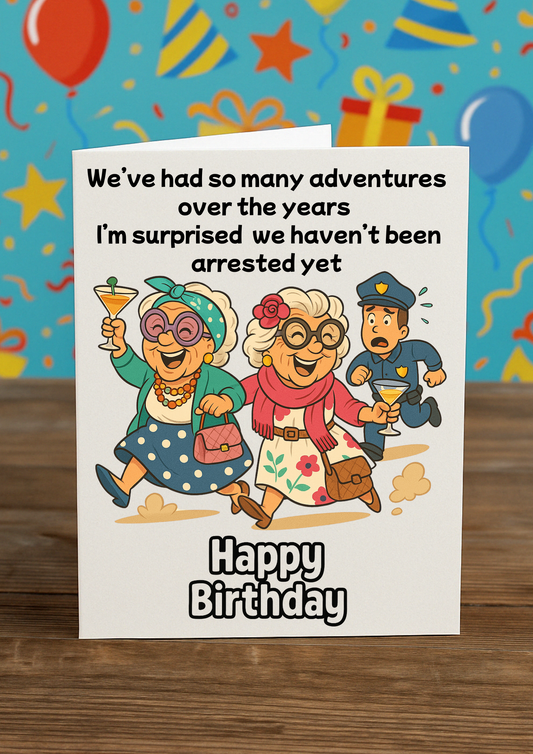 Funny Birthday Card for Friend – “Adventures Over the Years” | A5 Greeting Card with Pink Envelope