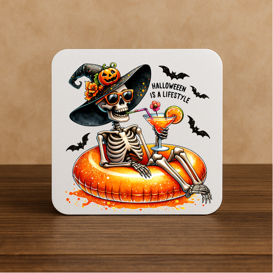 Halloween Is a Lifestyle Coaster – Skeleton on Holiday with Cocktail