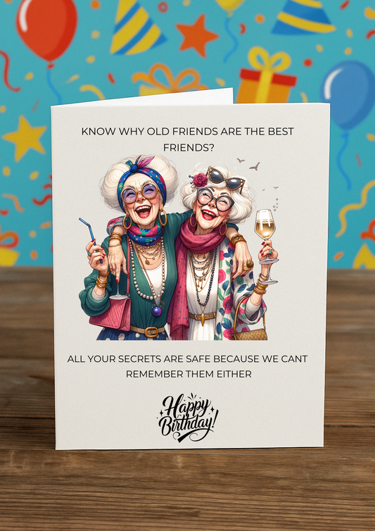Funny Old Friends Birthday Card – A5 Greeting Card with Pink Envelope | Blank Inside for Your Message