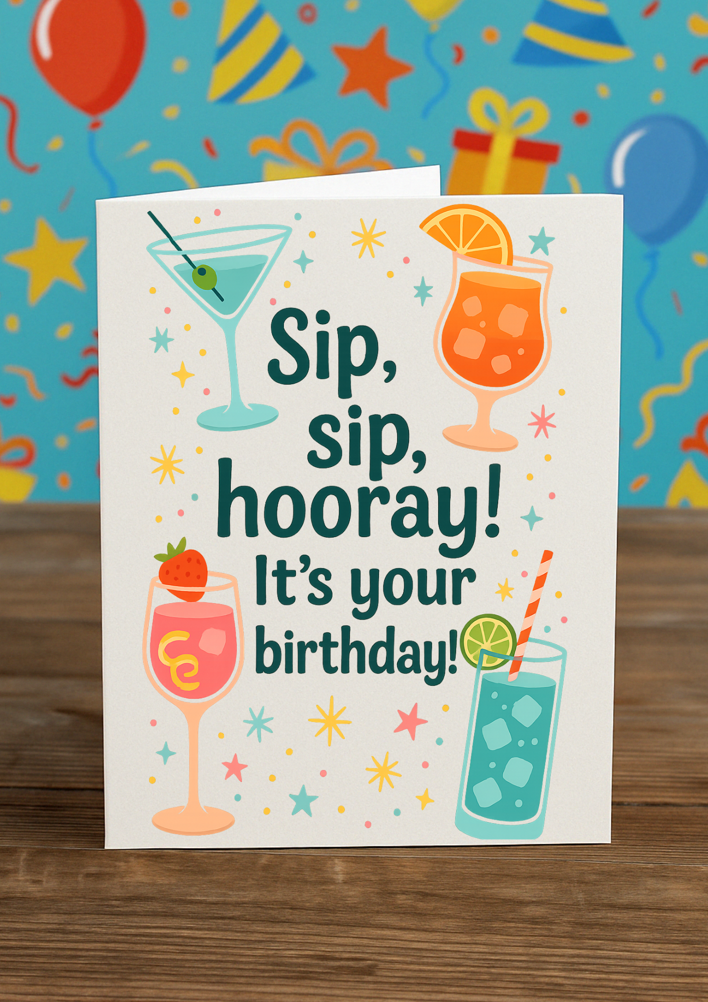 Sip Sip Hooray – Funny Cocktail Birthday Card | A5 Card for Her or Him